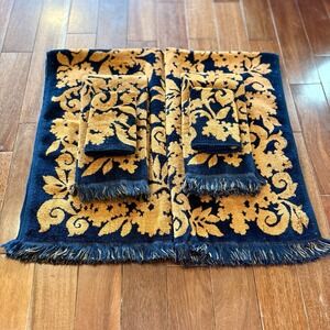 6pc VTG 1960s MCM Springmaid Orange Black Damask Bath Towel Set Hand Washcloth